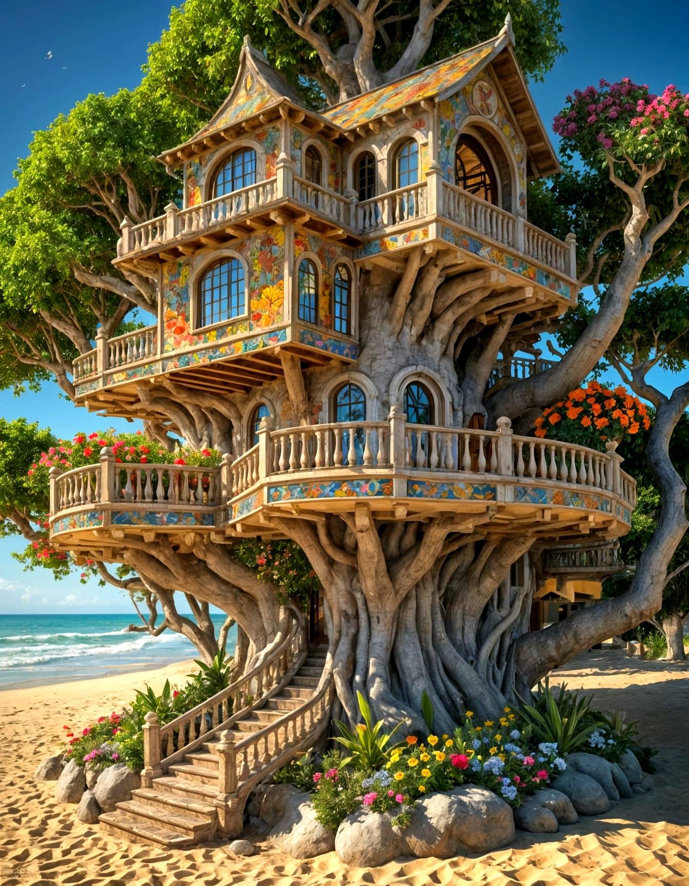 Beach Villa Treehouse with Stained Glass, Digital Art
