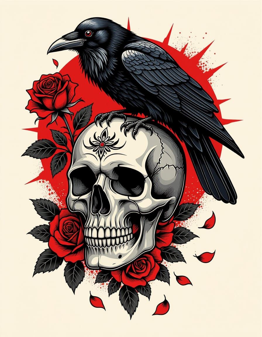 Skull Tattooed with Raven and Rose, Dramatic B&W and Red Sty...
