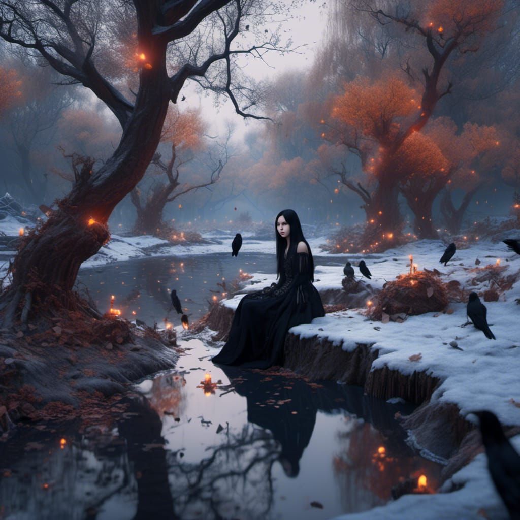 Asian Goth Girl in Winter Undergrowth Photo