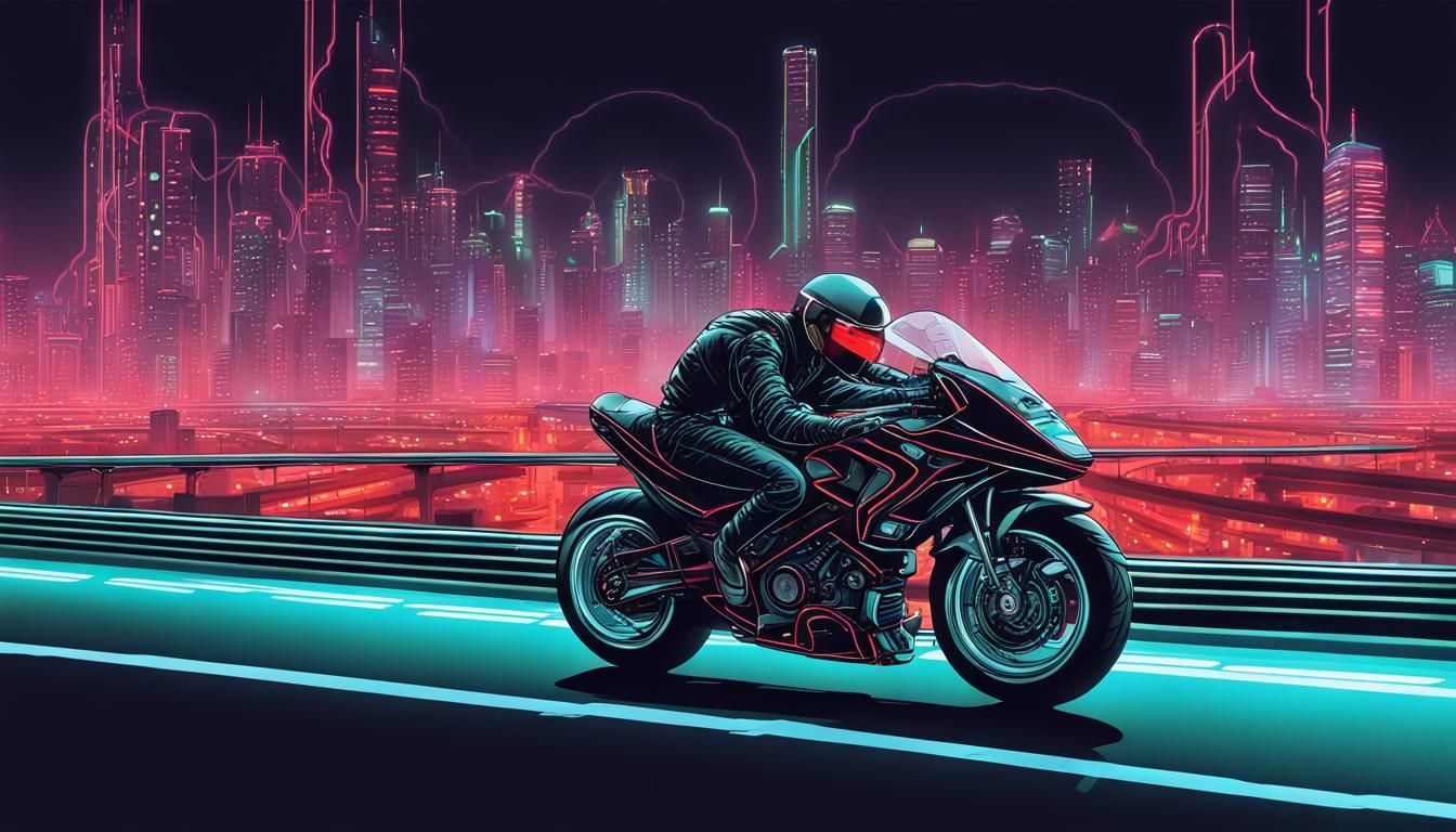 Cyberpunk Motorcycle Races Through Neon Cityscape