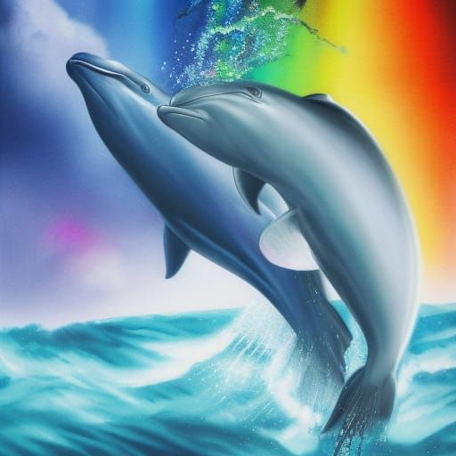Rainbow Dolphin in Storm: Hyperrealistic Splash Art
