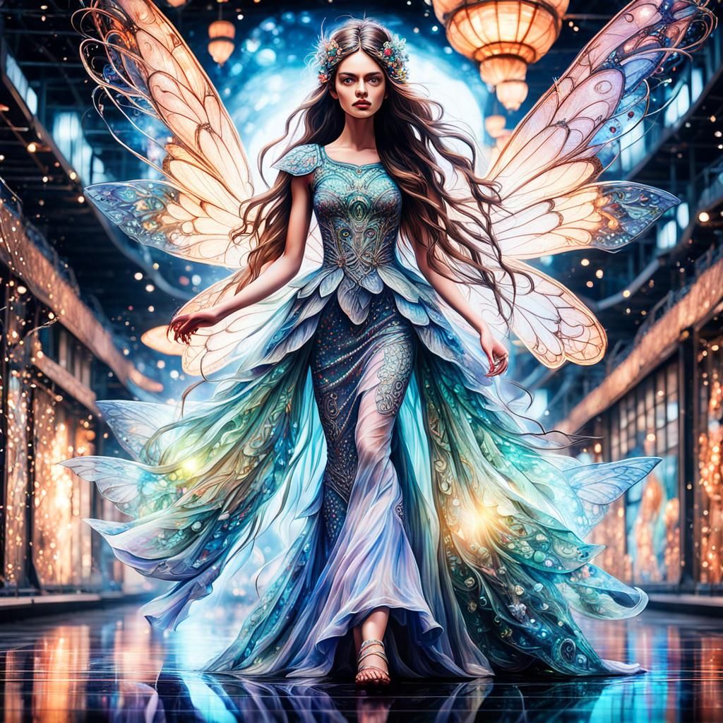 Hyperrealistic Fairy on Catwalk in Haute Couture Style