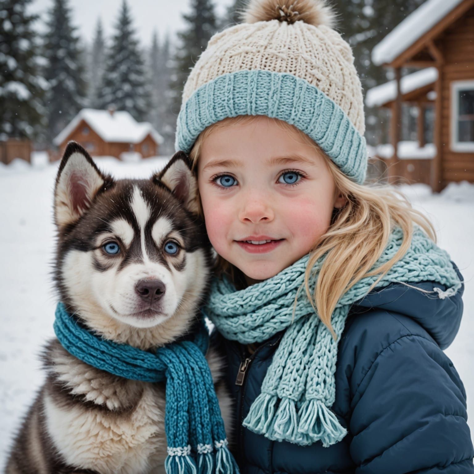 Little Girl Plays in Snow with Husky Puppy in Winter Wonderl...