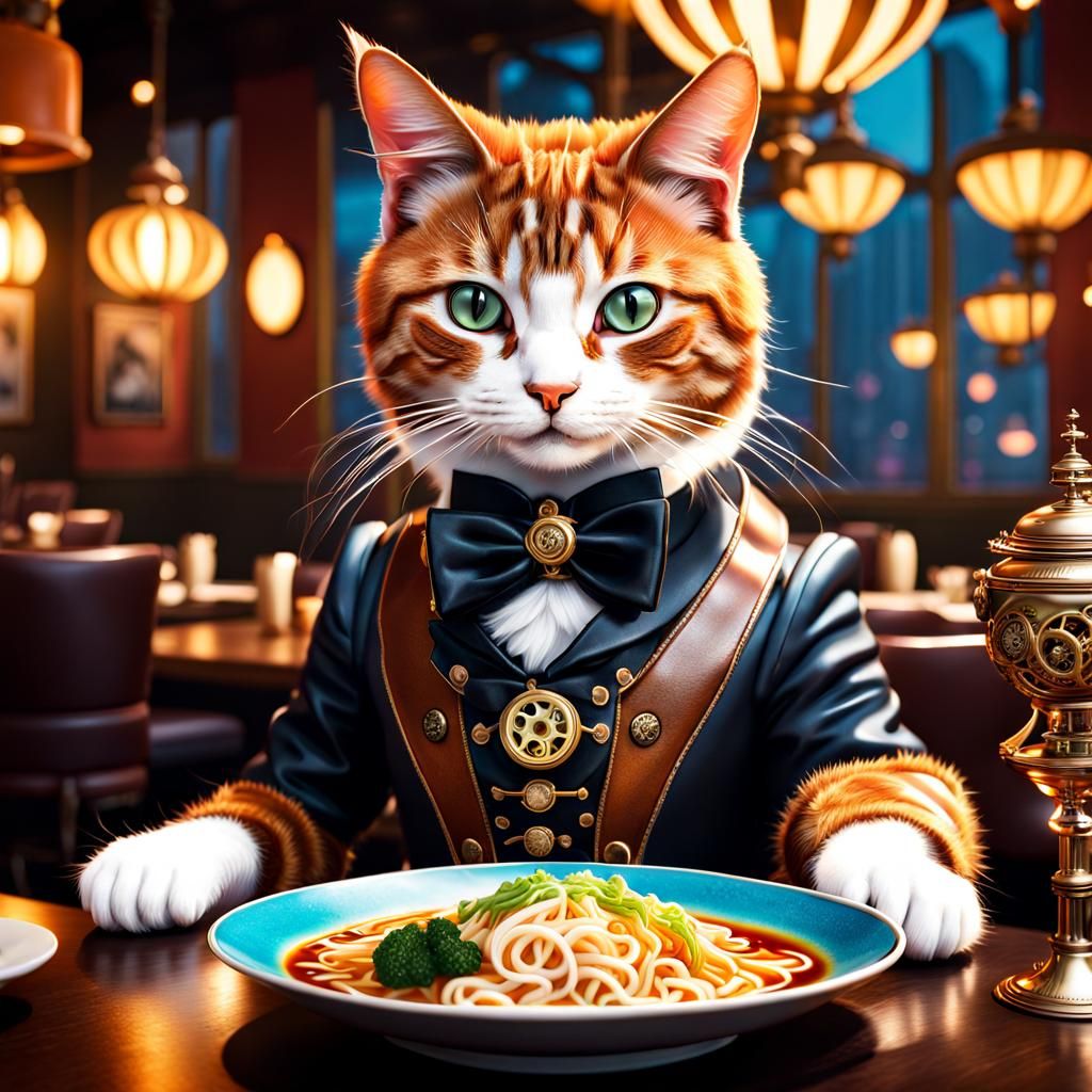 Steampunk Cat Enjoys Ramen in Ornate Restaurant