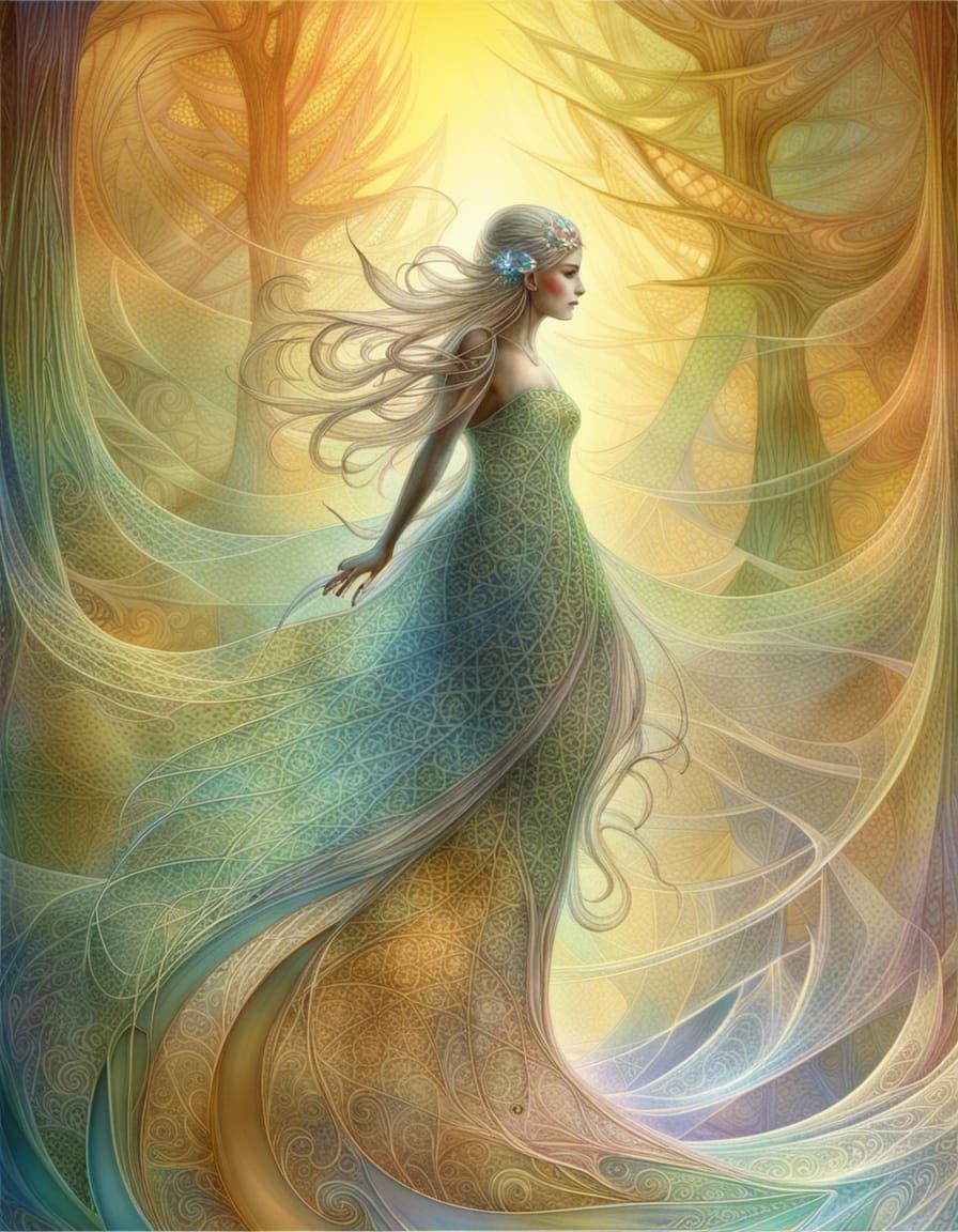 Crystal Fractal Forest Girl in Suminagashi Style