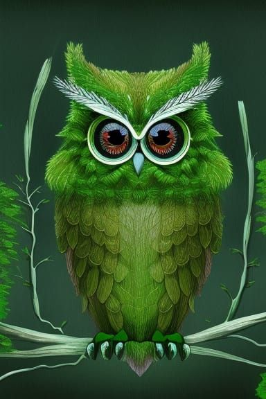 Detailed Green Moss Owl Digital Art