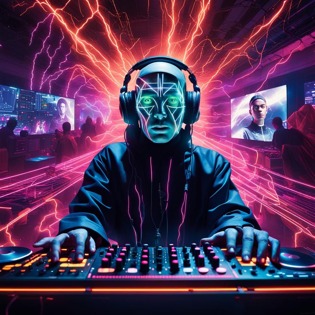 Surreal DJ Performance with Cyborg Nun in Neon Landscape