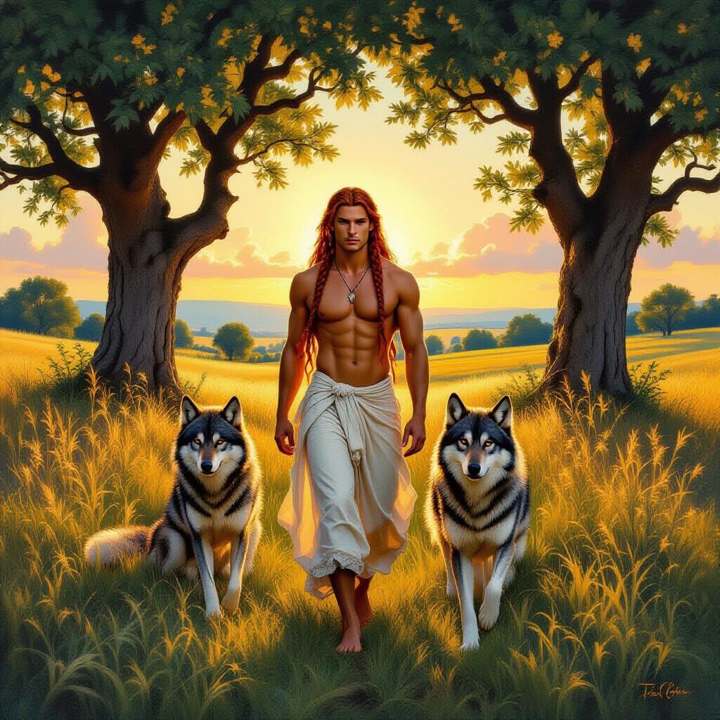 Midsummer Countryside Wanderer with Wolf, Inspired by Pavel ...