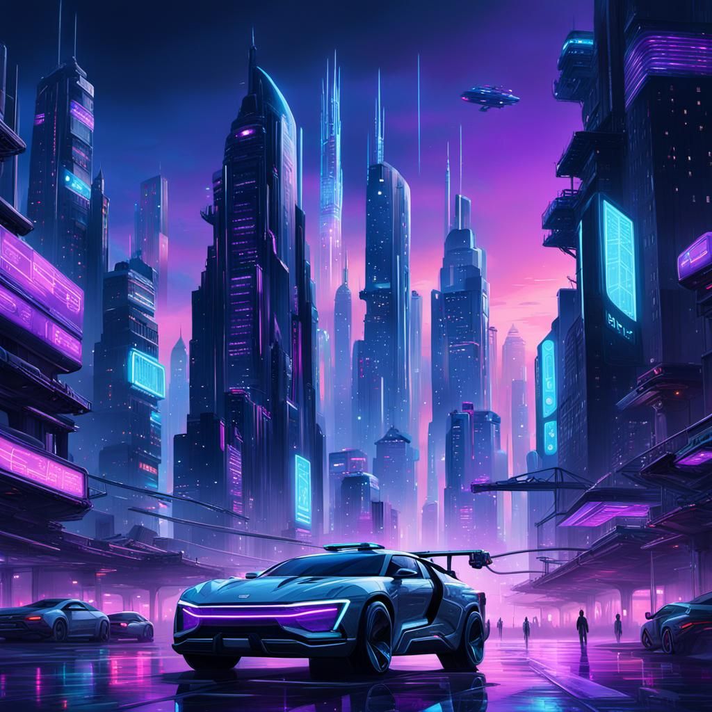 Cyberpunk Cityscape with Flying Cars in Neon Twilight