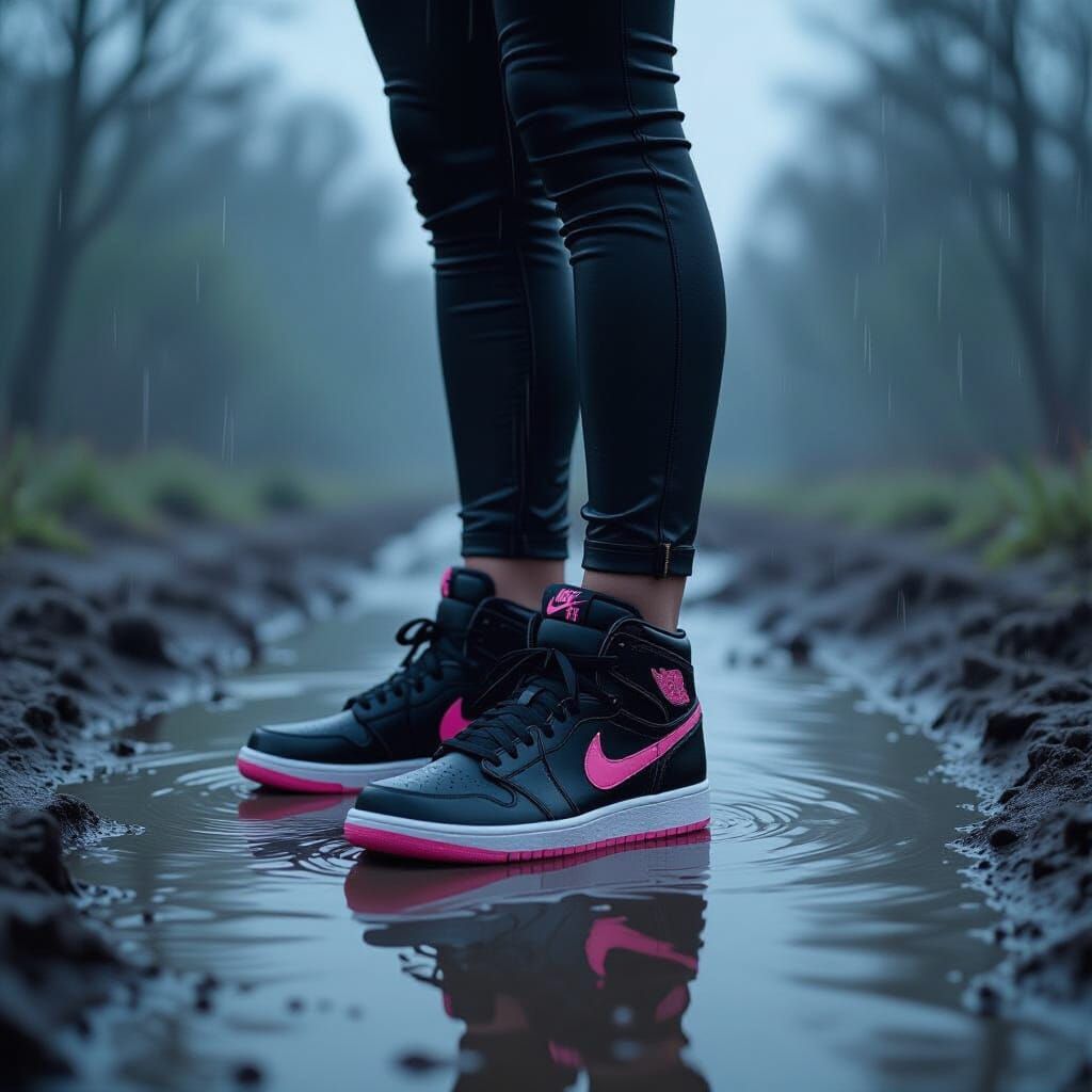 Woman in Nike Sneakers Stands in Muddy Water