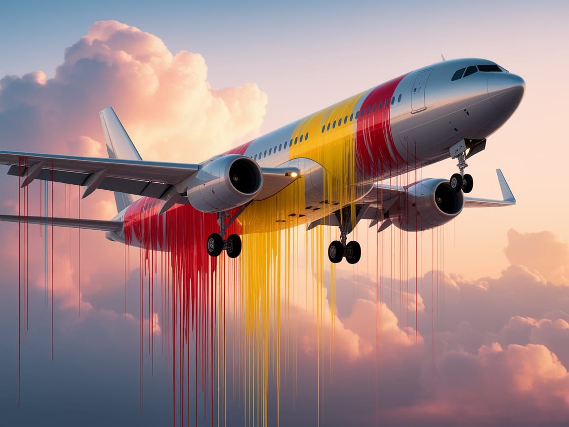 Airplane in Flight Amidst Vibrant Paint Drips at Sunset