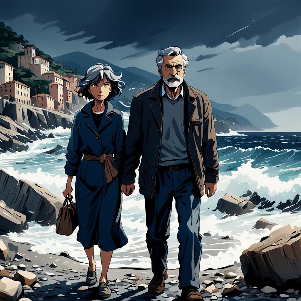 Italian Couple Strolling on Ligurian Beach in Anime Style