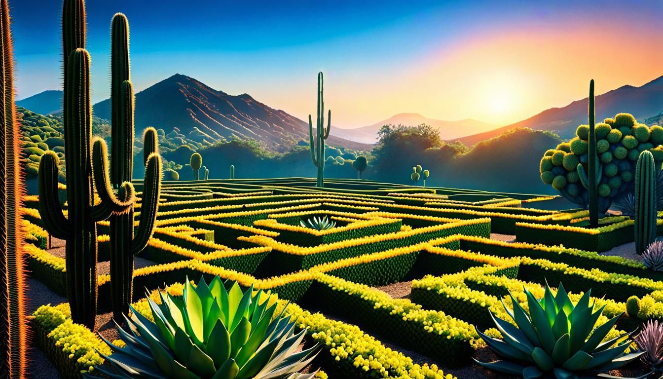 Fiery Hedge Maze: Rufino Tamayo-Inspired Ink Illustration