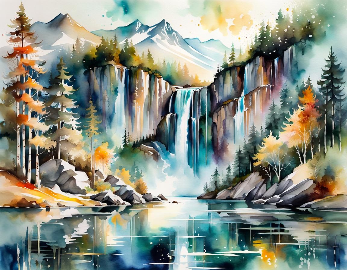 Watercolor Lake and Waterfall in Calligraphy Art Style