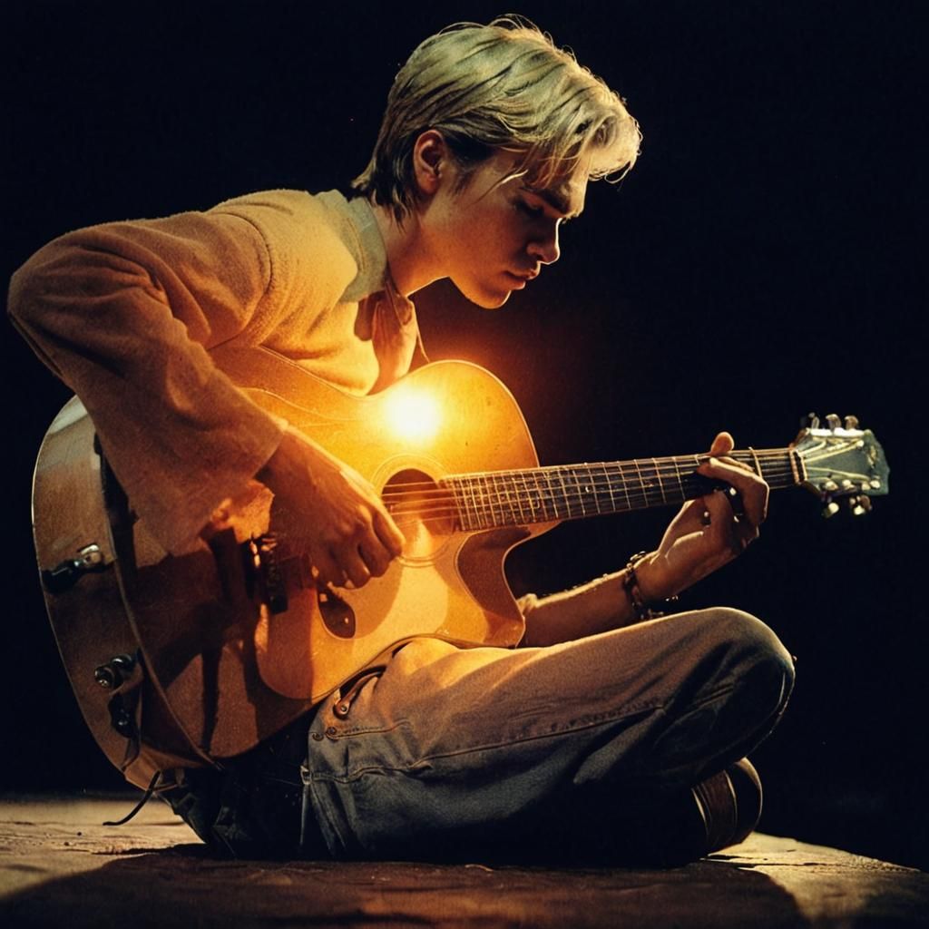 Intimate Portrait of Young Man Playing Guitar
