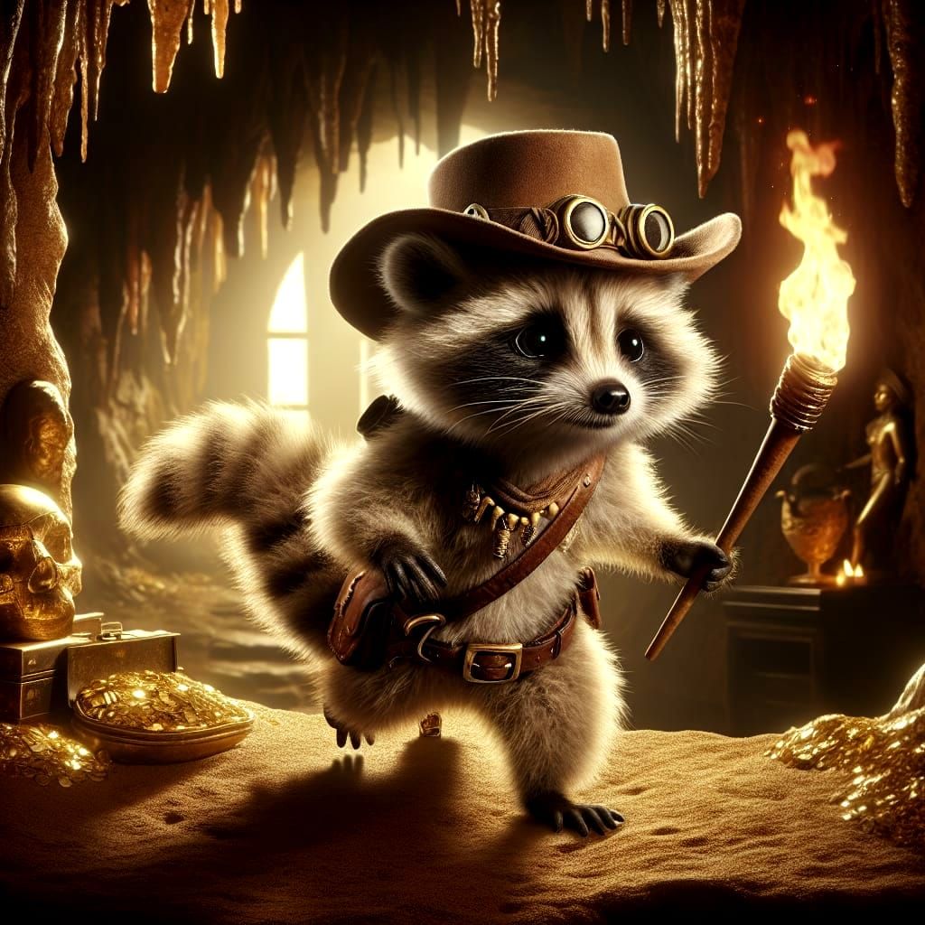Raccoon Explorer in a Treasure Cave