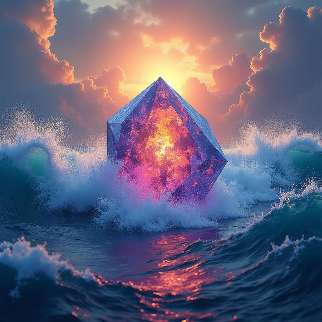 Majestic Crystal Prism Amidst Turbulent Ocean Waves