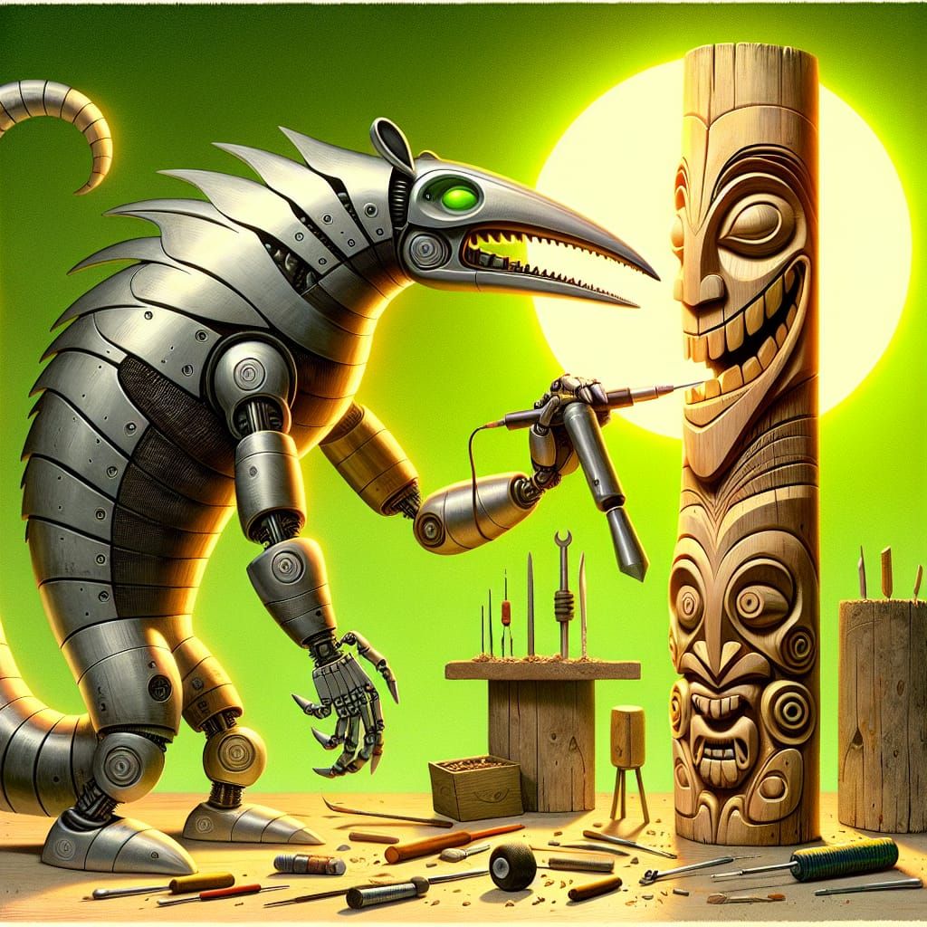 Robotic Anteater Carving Totem Pole Under Neon Sun