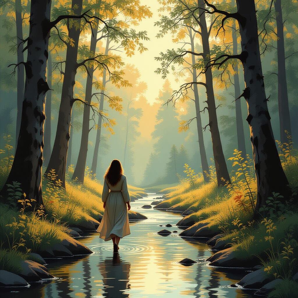 Woman in Woods, 19th-Century Landscape Painting Style