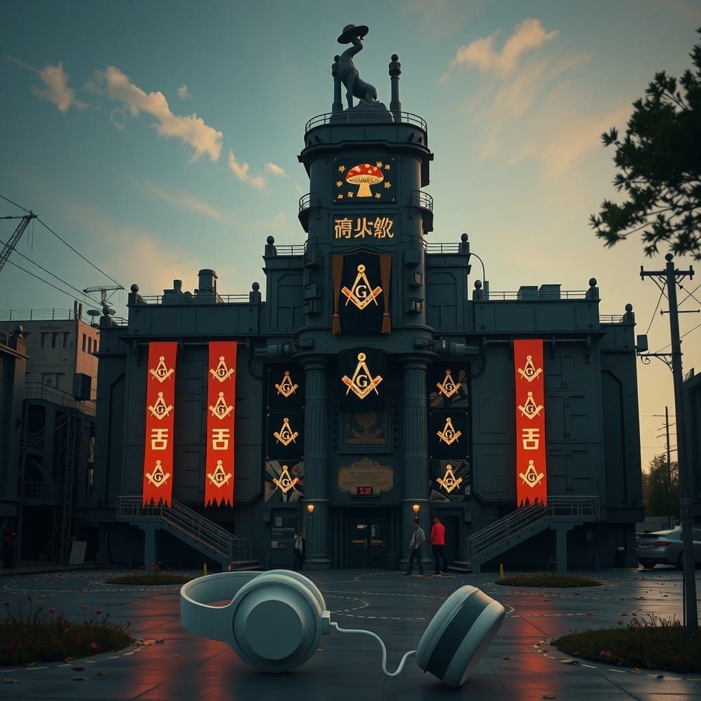 Hyperrealistic Mushroom Sculpture in Industrial Landscape