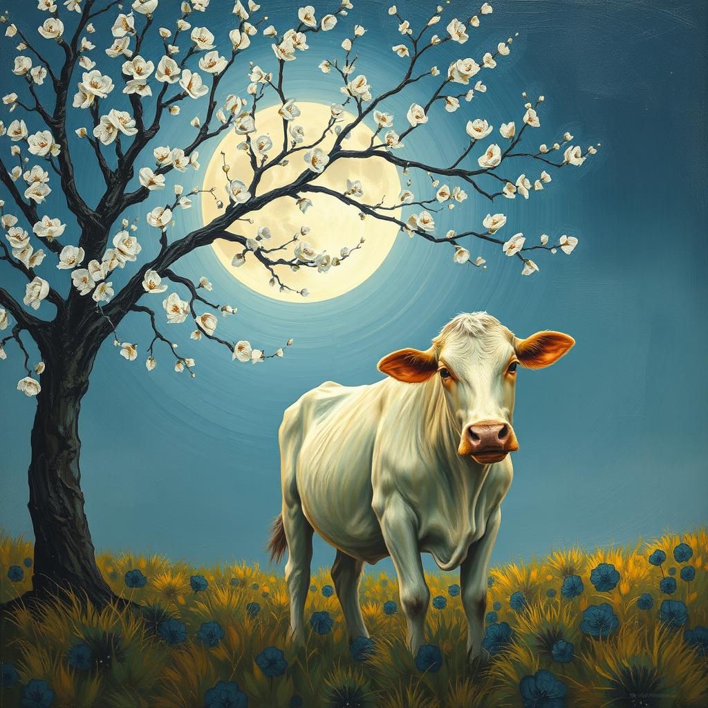 Ethereal Cow Under Blossoms in Post-Impressionist Style
