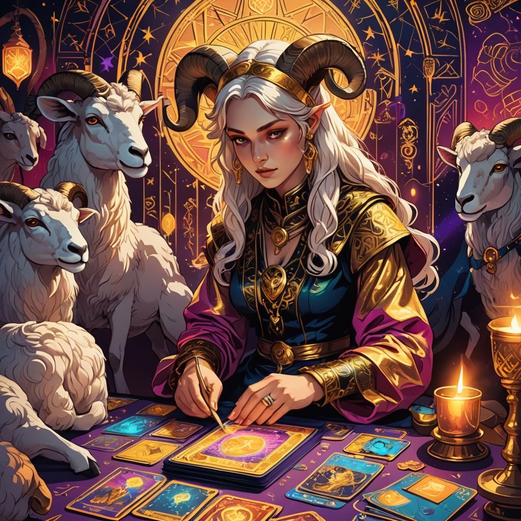 Mystical Tarot Reader with Ram in Anime Style