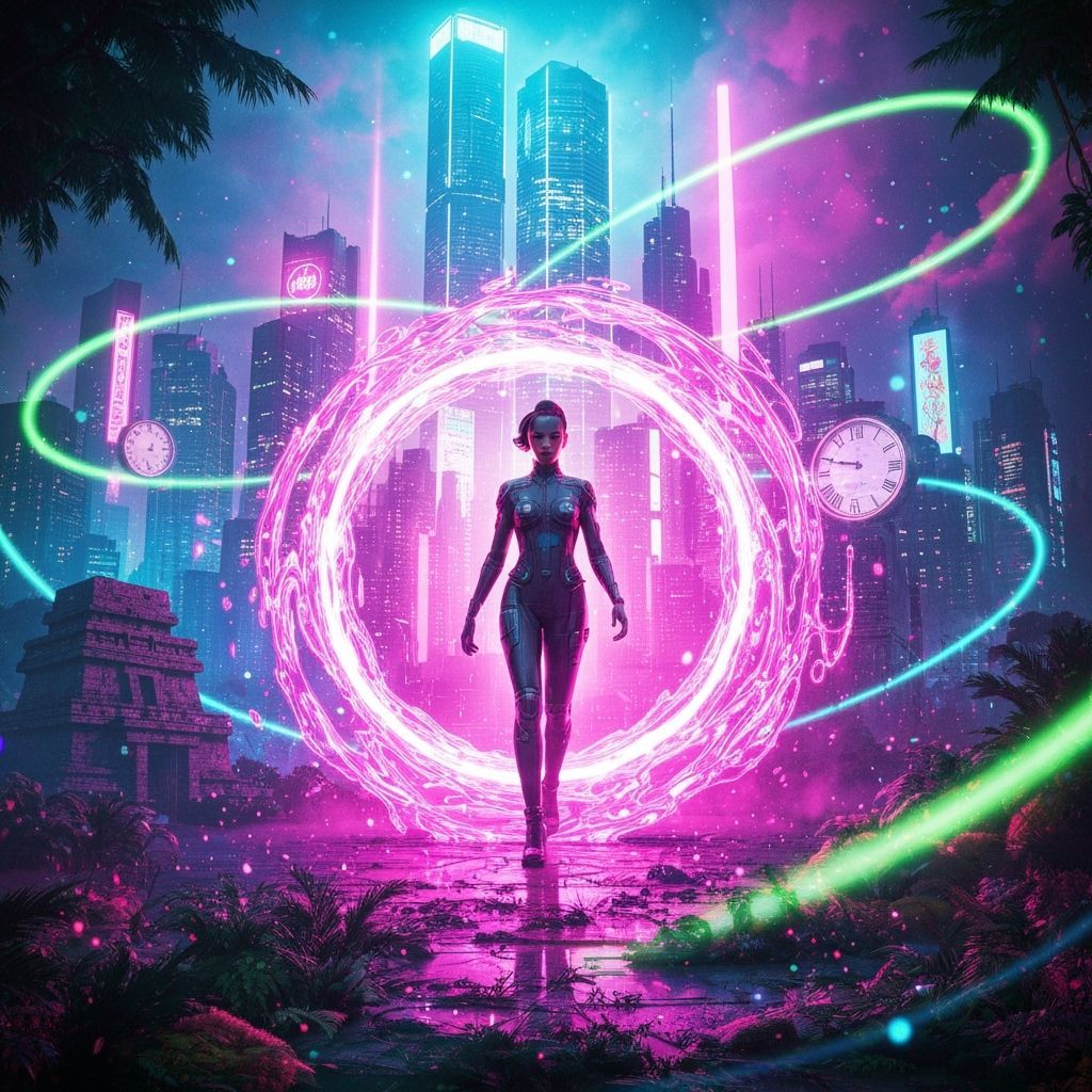 Retro-Futuristic Woman Steps into Cyberpunk Portal
