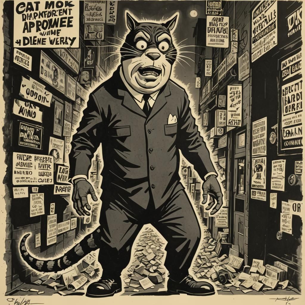 Surrealist Fat Cat Poster Art in Noir Style