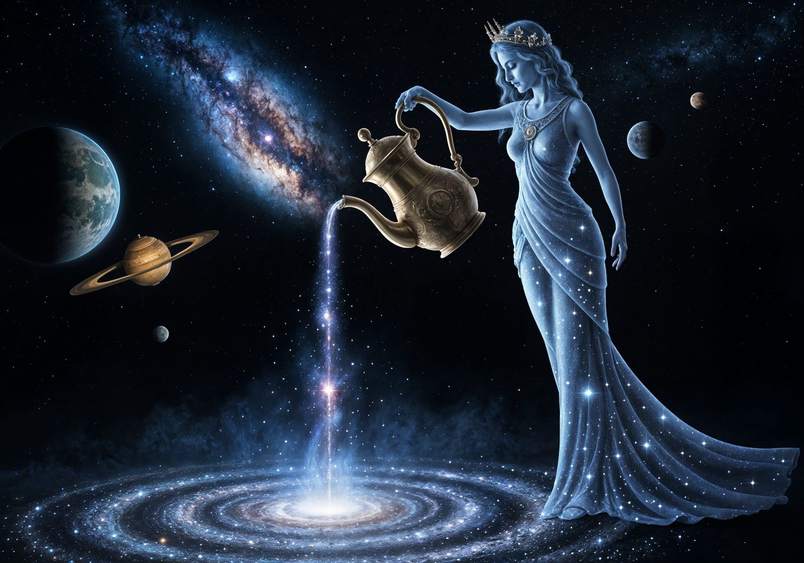 Cosmic Goddess Pours Galaxy From Ornate Teapot