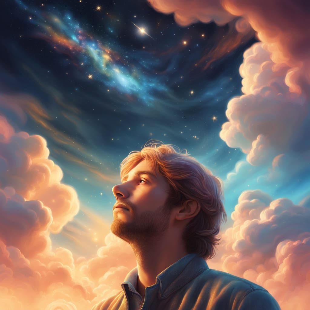 Dreamy Celestial Figure Gazing at Starlight Eye