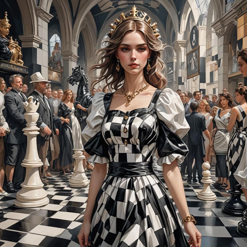 Checkered Dress on Chessboard Runway, Digital Art