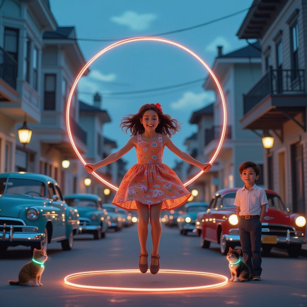 Magical Realism Street Scene with Light Trails