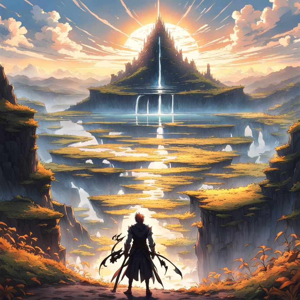 Anime Landscape at Sunset with Figure
