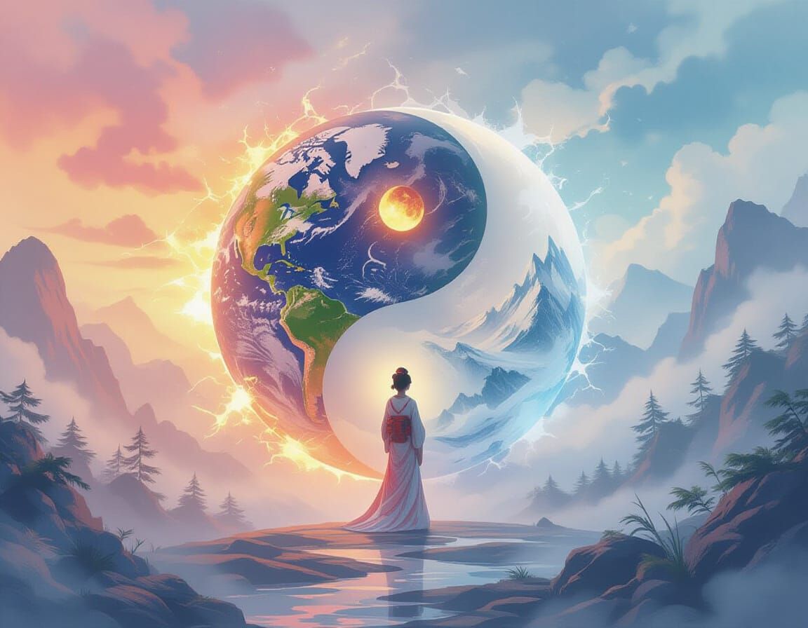 Yin Yang Landscape in Pastel Watercolor Style