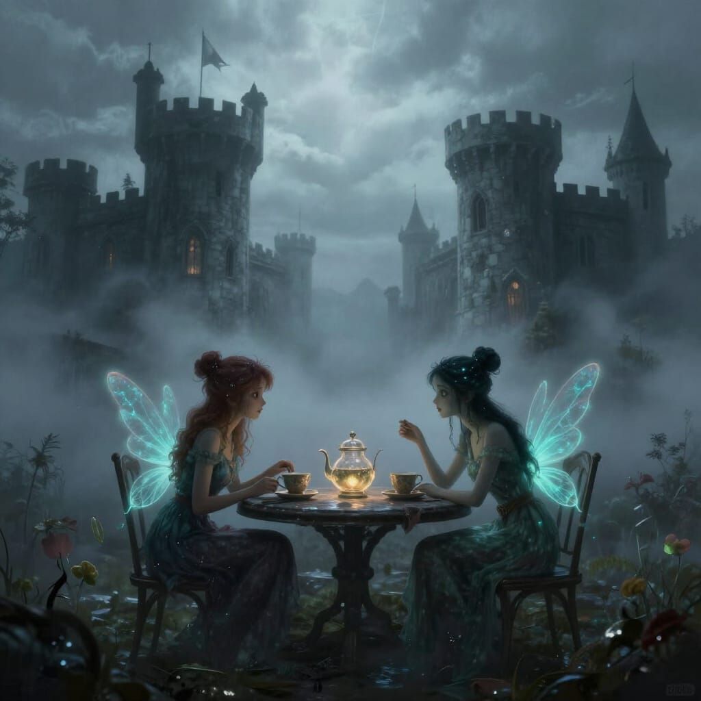 Bioluminescent Fairies Gossip in Foggy Horror Landscape