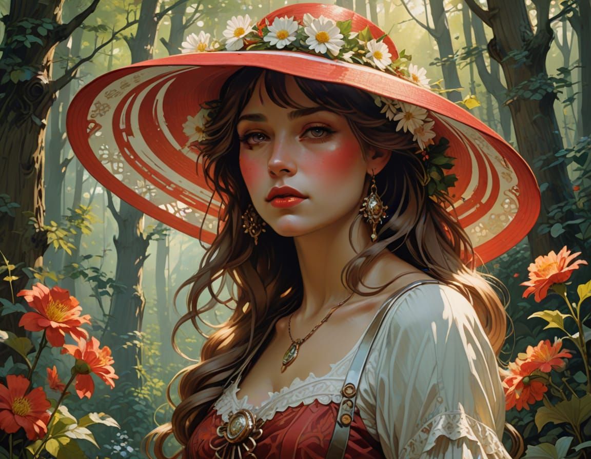 Rococo Painting of Teen with Striped Sun Hat