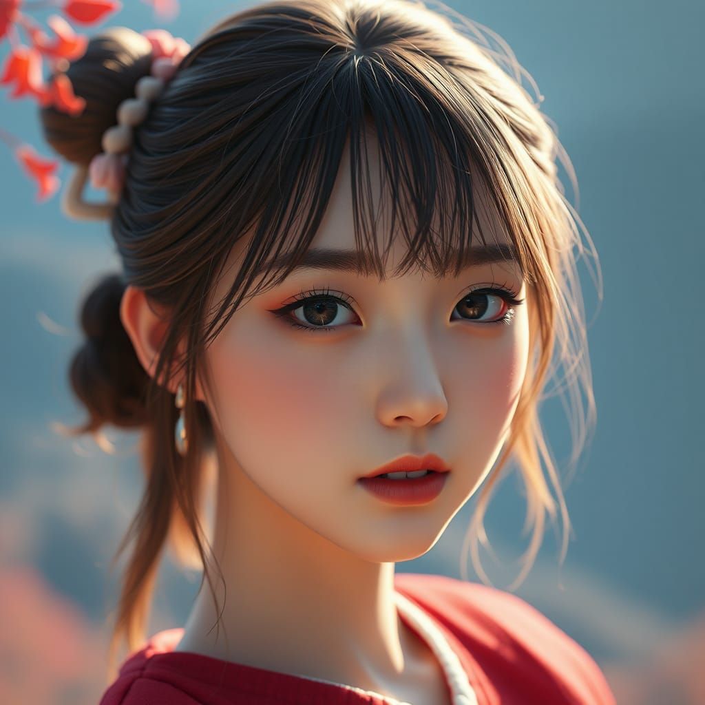 Korean Girl Portrait in Autumn Valley: Anime Style