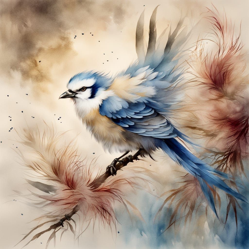 Fluffy Bird in Wind: Chinese Watercolour Painting