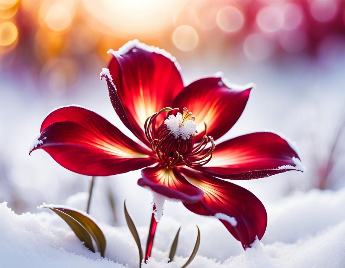 Crimson Crystal Flower in Snow, Dreamlike Gothic