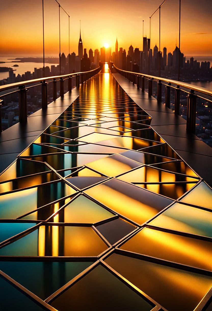 Stained Glass Bridge to Cityscape at Golden Hour