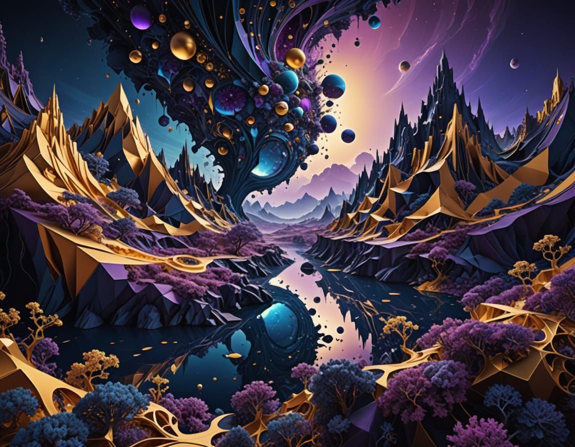 Surreal Geometric Landscape with Contemplative Figure