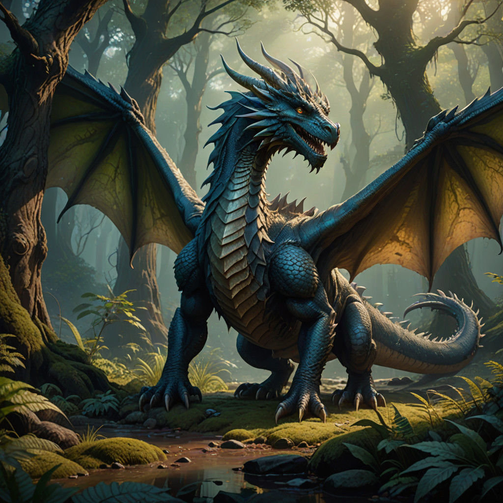 Mystical Mudwing Dragon in a Misty Forest Landscape