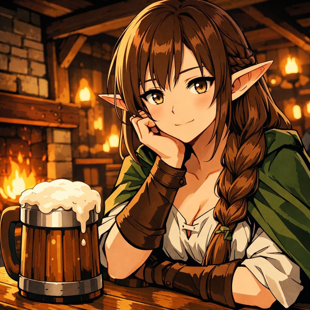 Anime Elf Girl Relaxing in Cozy Tavern