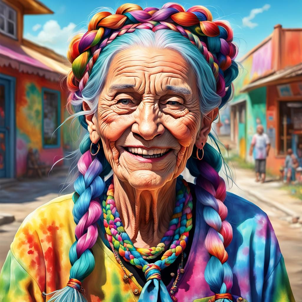 Joyful Elderly Woman in Colorful Digital Portrait