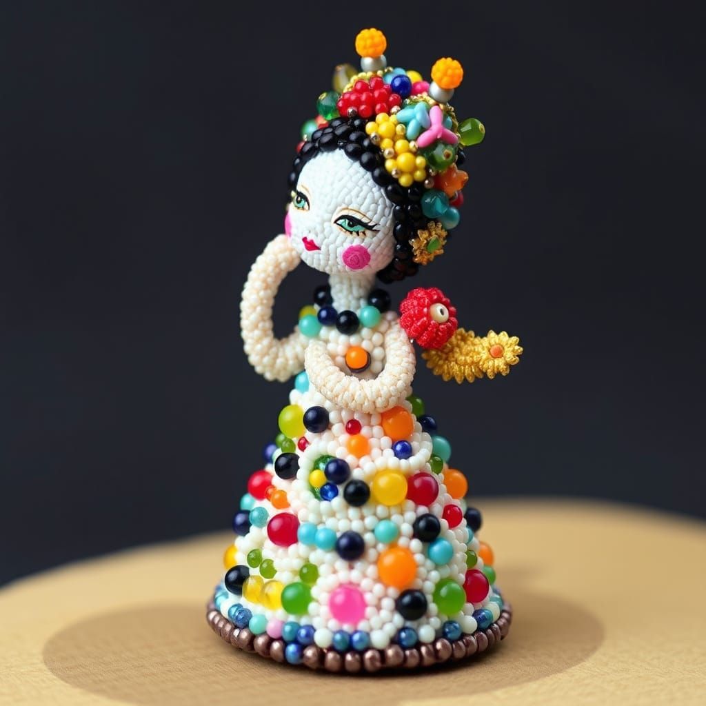 Beaded Miniature Statue with Surreal Folk Art Style