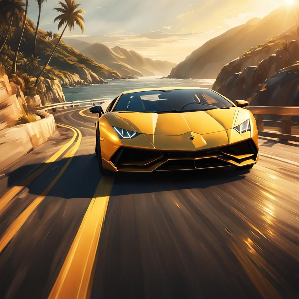 Yellow Lamborghini on Coastal Road: Hyperrealistic Concept A...