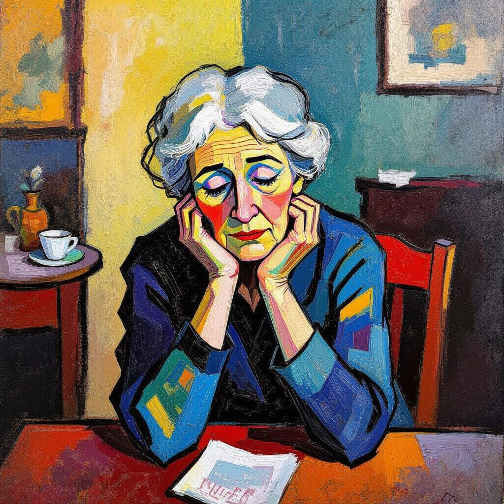 Elderly Woman Lost in Thought, Neo-Impressionist Style