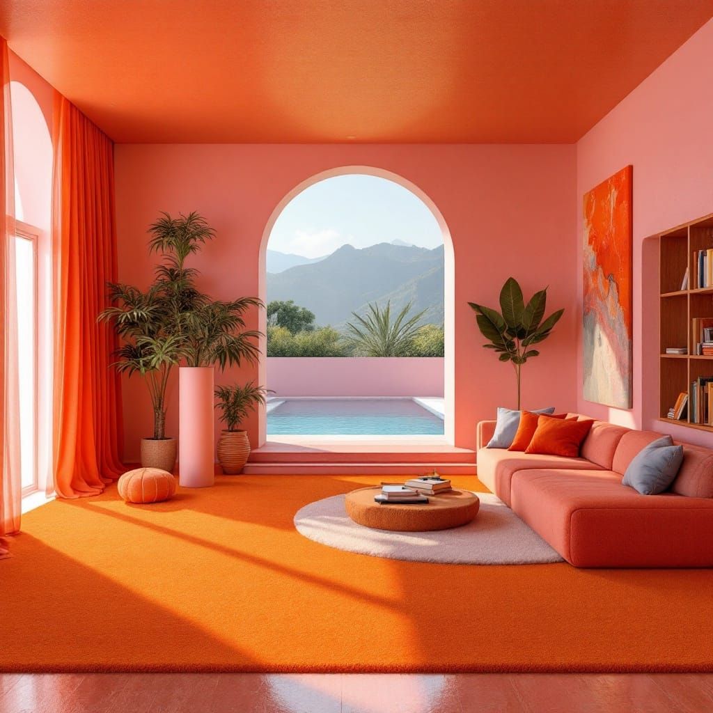 Lounge Area with Pink Couch and Small Pool