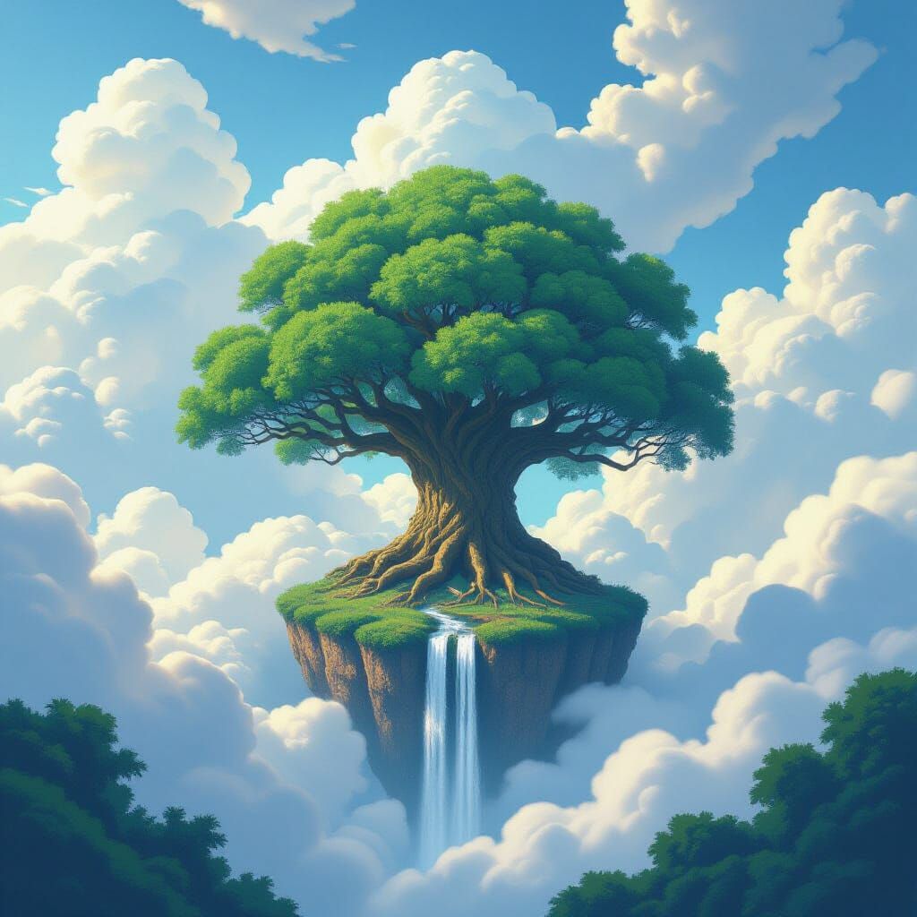 Surreal Waterfall Tree Among Clouds