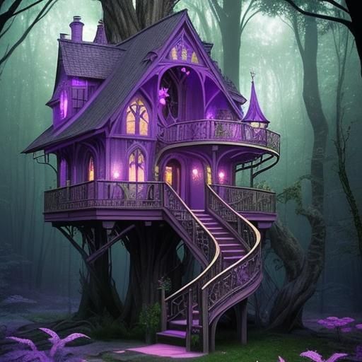Whimsical vibrant purple crystal Gothic treehouse with Ladder to Climb up the tree house& Beautiful patio with purple ca...